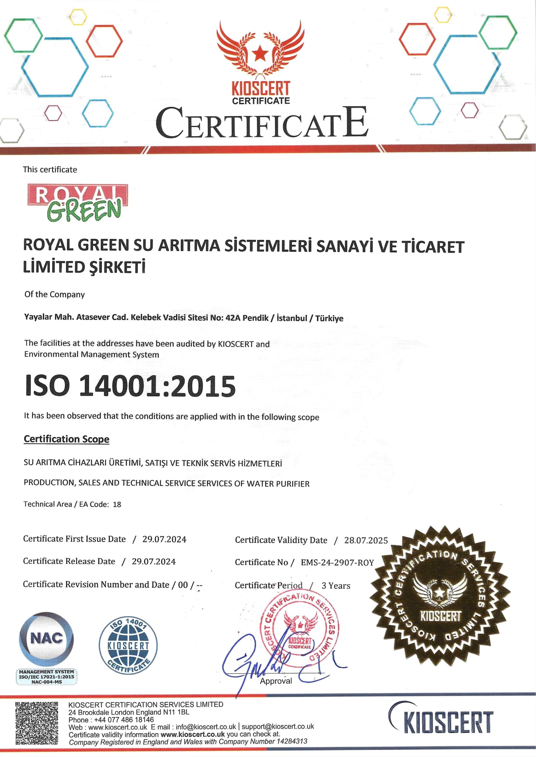 ISO 14001:2015 Belgesi Royal Green