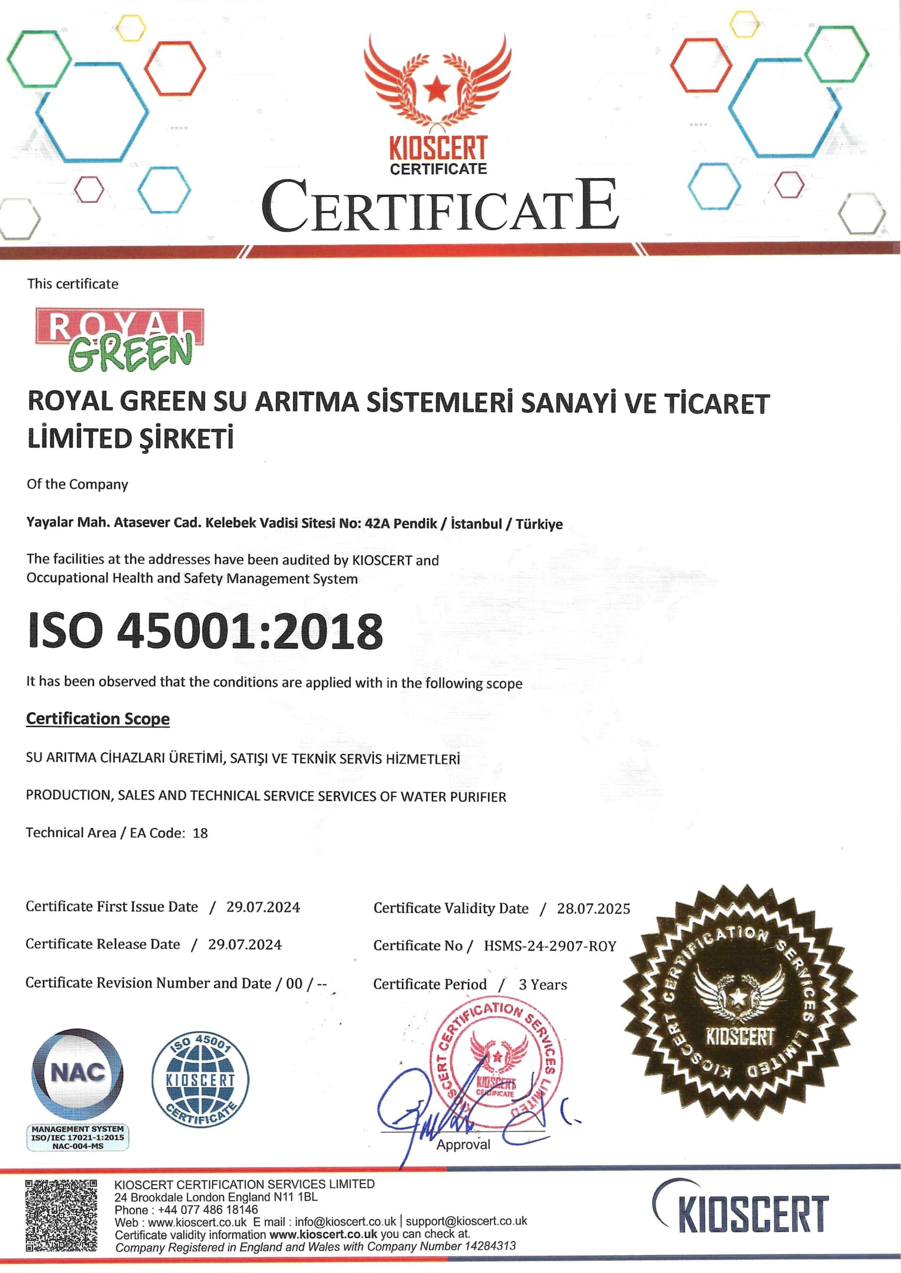 ISO 45001:2018 Belgesi Royal Green