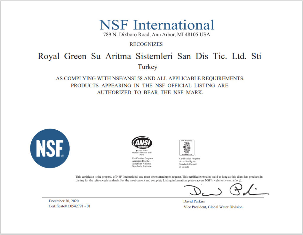 Royal Green NSF 58 Sertifikası