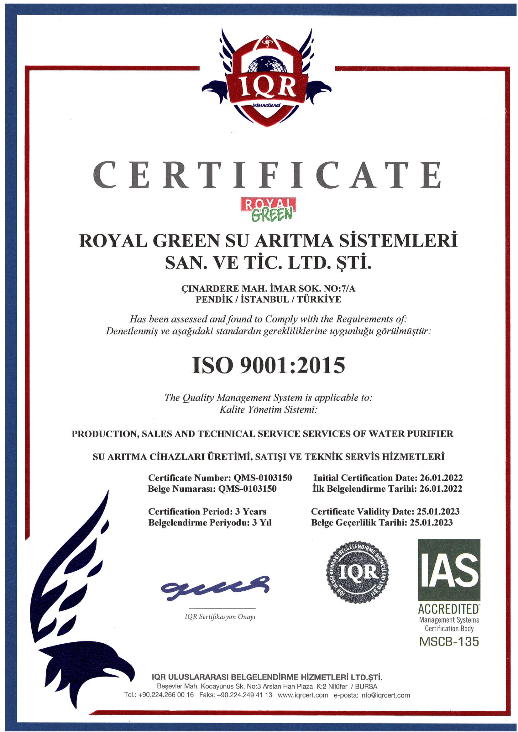 Royal Green ISO 9001:2015 Belgesi