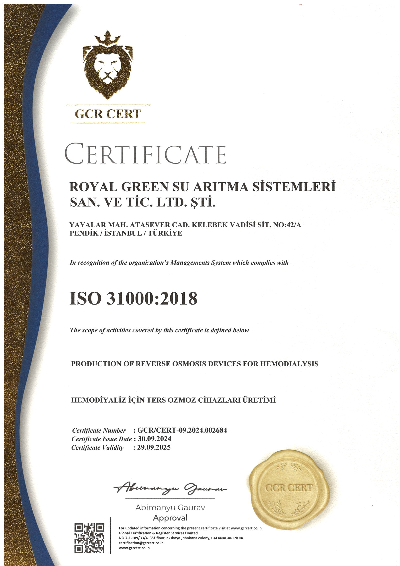 ISO 31000:2018 Hemodiyaliz İçin Ters Ozmoz Cihazı Üretim Belgesi