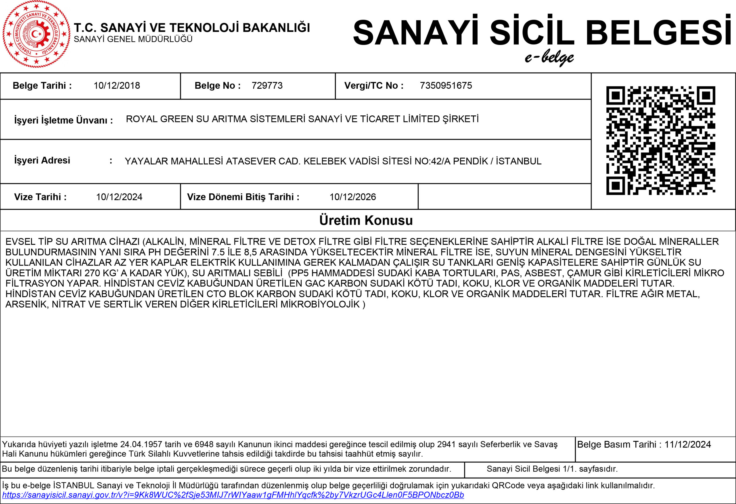 Royal Green Sanayi Sicil Belgesi