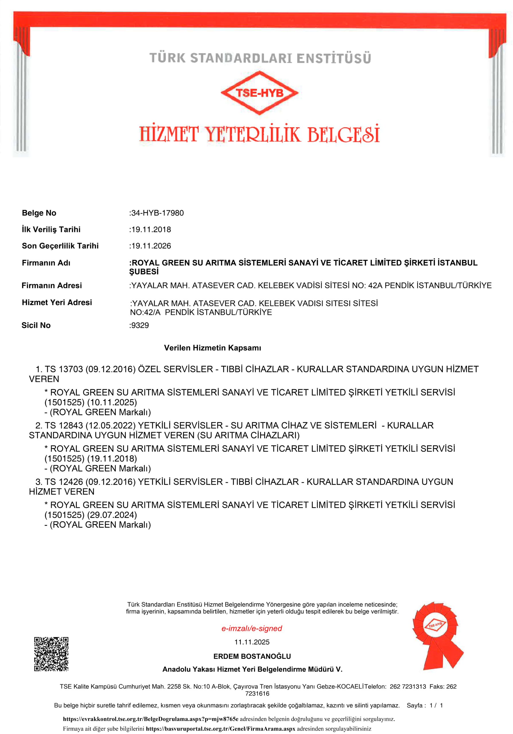 TSE Hizmet Yeterlilik Belgesi TSE-HYB