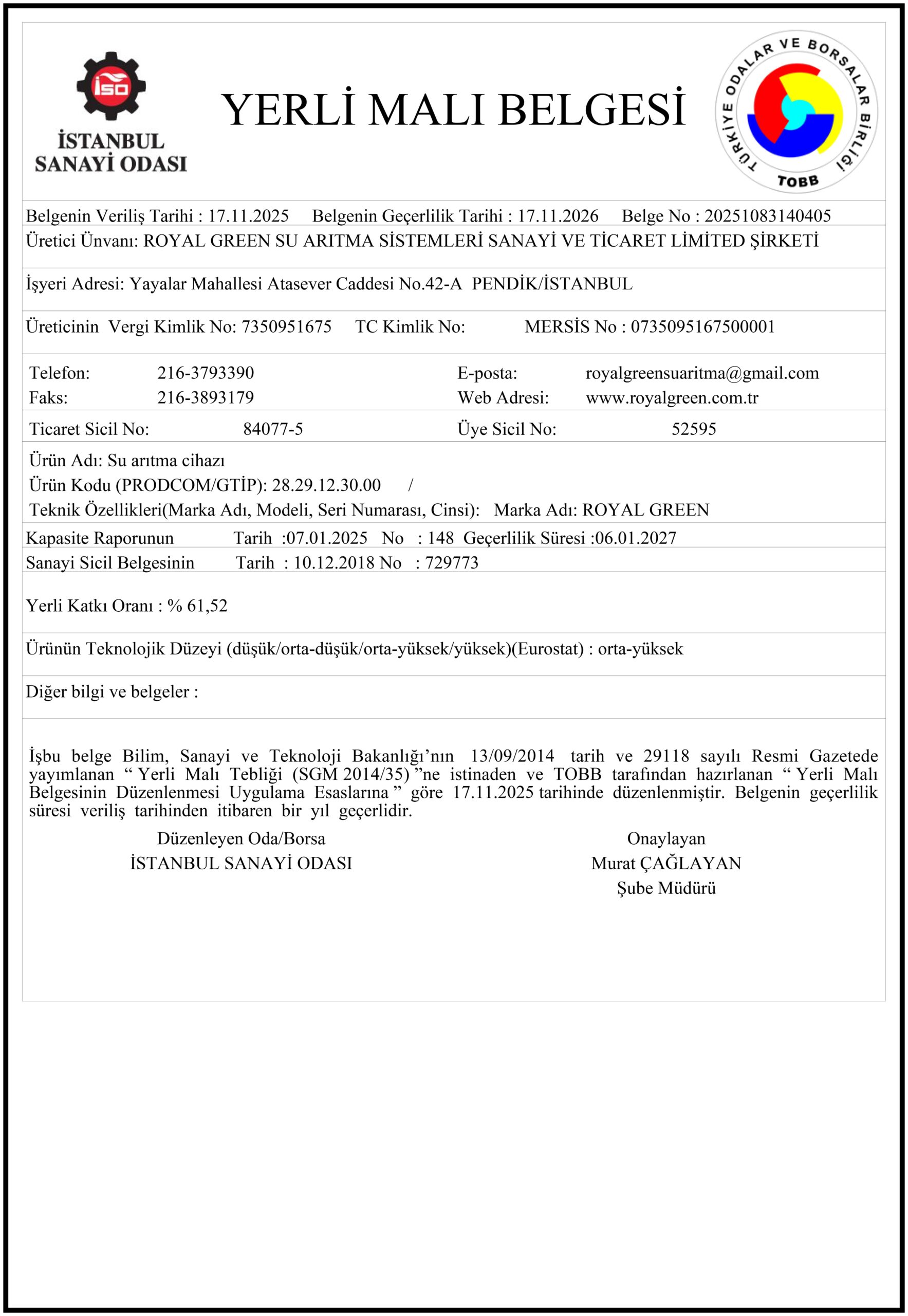 Royal Green Su Arıtma Cihazı Yerli Malı Belgesi